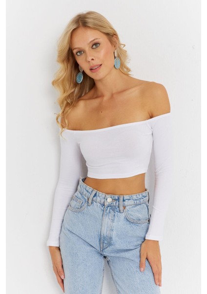Kadın Beyaz Kare Yaka Crop Bluz CG364 modelleri