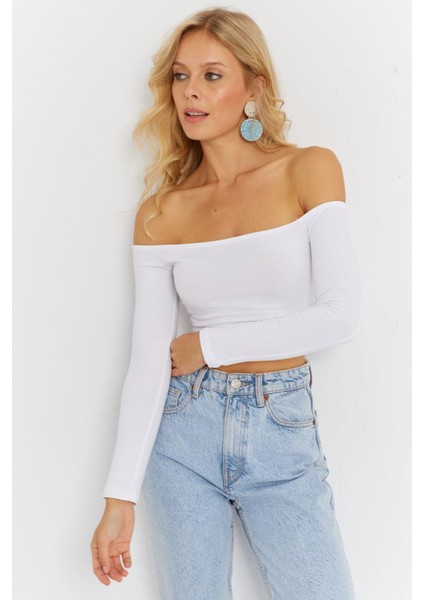 Kadın Beyaz Kare Yaka Crop Bluz CG364 fırsatları