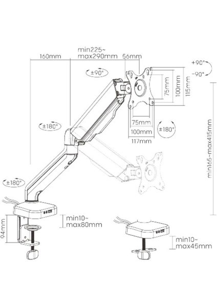 Tekli Gaz Basınçlı Monitör Kolu 17 "-32" 9kg Mikrofon-Ses / USB Çıkışlı