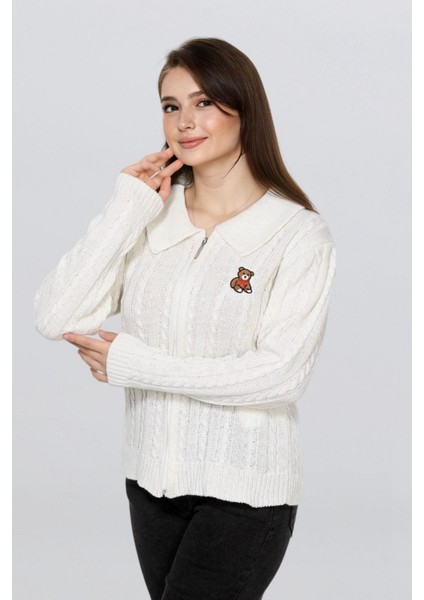 Kadın Ayıcık Işlemeli Fermuarlı Saç Örgü Triko Hırka FLT1009 fiyatları