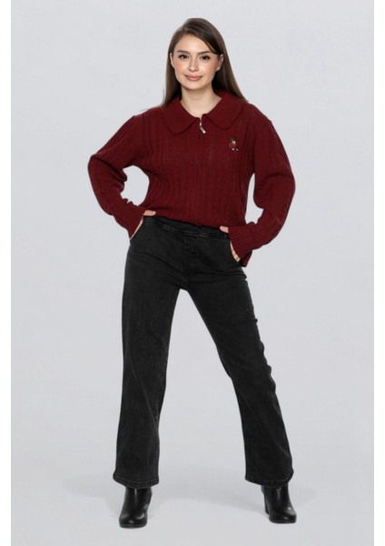 Kadın Ayıcık Işlemeli Fermuarlı Saç Örgü Triko Hırka FLT1009