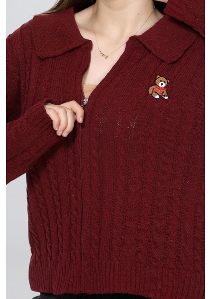 Kadın Ayıcık Işlemeli Fermuarlı Saç Örgü Triko Hırka FLT1009 fiyatları