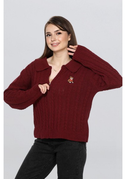 Kadın Ayıcık Işlemeli Fermuarlı Saç Örgü Triko Hırka FLT1009 modelleri