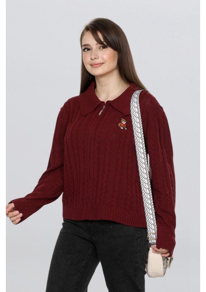 Kadın Ayıcık Işlemeli Fermuarlı Saç Örgü Triko Hırka FLT1009 fırsatları