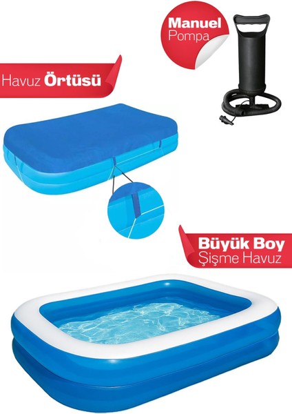 51257 Büyük Boy Dikdörtgen Şişme Aile Havuzu&pompa&havuz Örtüsü (211X132X46CM)
