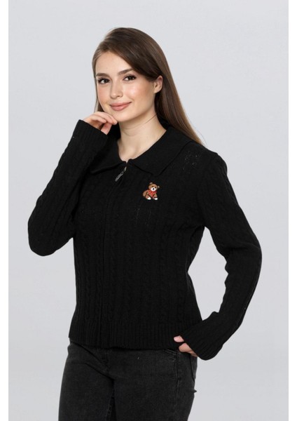 Kadın Ayıcık Işlemeli Fermuarlı Saç Örgü Triko Hırka FLT1009 fiyatları