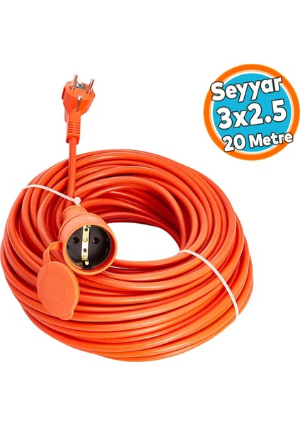 Seyyar Uzatma Kablosu Cca Turuncu 3x2.5 mm 20 Metre Dış Mekan Kablo Prizli Bahçe Için Suya Dayanıklı