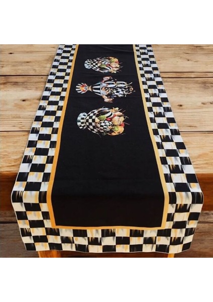 Siyah Beyaz Kareli Vazo Runner 36X110 cm