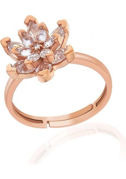 Gümüş Rose Beyaz Taşlı Lotus Çiçeği Kadın Yüzük
