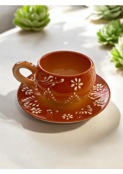 Dekoratif Şık Tasarım Tamamen El Yapımı Kahverengi 1 Kişilik Kahve Fincanı