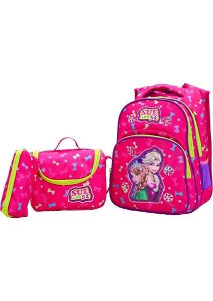Prenses Temalı 3'lü Pembe Kız Çocuk Okul Çanta Seti – (Sırt Çantası Termal Beslenme Kalemlik)