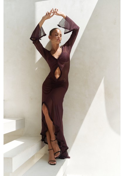 Alyona Dantel Detay Bordo Elbise