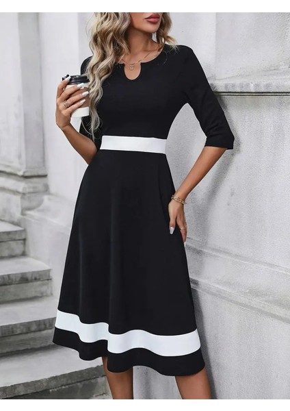 Kadın Fakir Kol Yakası Açık Blok Renkli Krep Midi Elbise modelleri