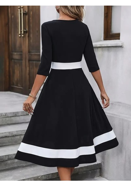 Kadın Fakir Kol Yakası Açık Blok Renkli Krep Midi Elbise fırsatları