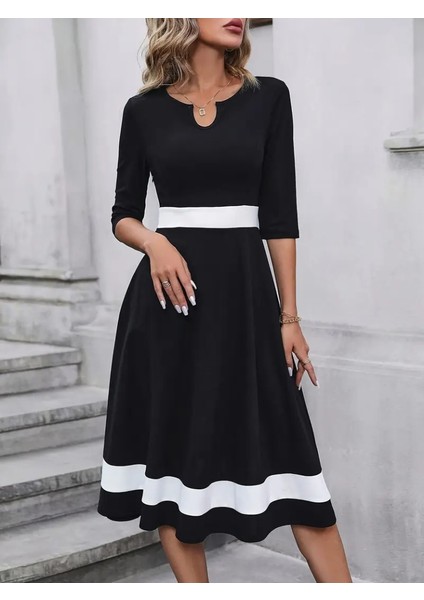 Kadın Fakir Kol Yakası Açık Blok Renkli Krep Midi Elbise indirimleri