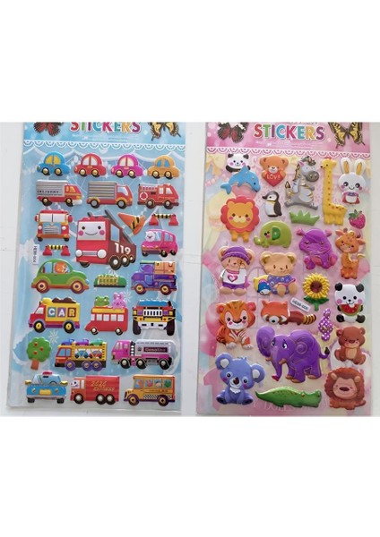 Sevimli Hayvan ve Taşıtlar 3D Kabartmalı Sticker Çıkartma Seti