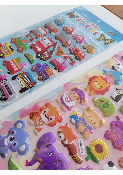 Sevimli Hayvan ve Taşıtlar 3D Kabartmalı Sticker Çıkartma Seti