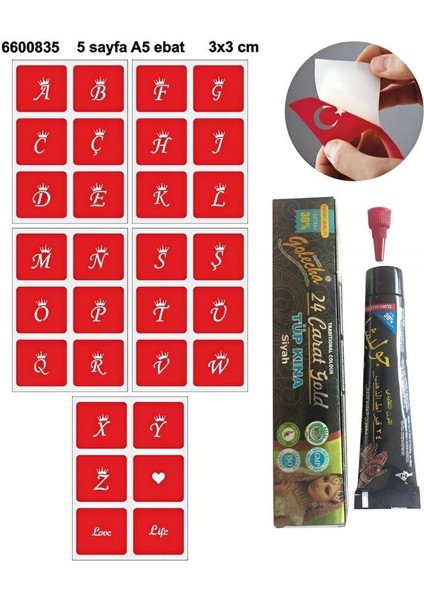 Taçlı Harfler Hint Kınası ile Geçici Dövme Yapma Seti