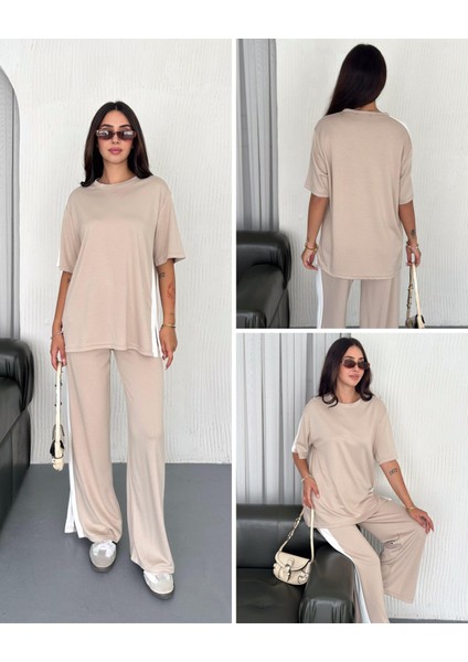 Modal Şeritli Yırtmaç Detaylı Pantolon Tişort Takım