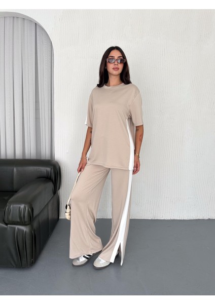 Modal Şeritli Yırtmaç Detaylı Pantolon Tişort Takım modelleri
