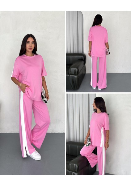 Modal Şeritli Yırtmaç Detaylı Pantolon Tişort Takım