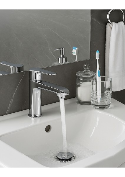 Krom Lavabo Bataryası Gümüş Paslanmaz Prinç Yüksek Gövde Garantili Banyo Musluk Aç Kapa Ergonomik