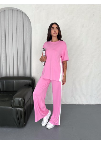 Modal Şeritli Yırtmaç Detaylı Pantolon Tişort Takım modelleri