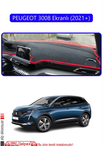 Peugeot 3008 Ekranlı (2021+)TORPİDO Koruma Halısı Mavi Kenar