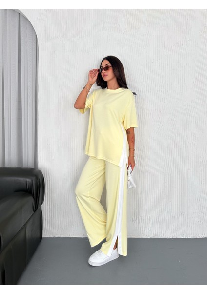 Modal Şeritli Yırtmaç Detaylı Pantolon Tişort Takım fırsatları