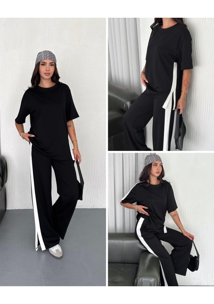 Modal Şeritli Yırtmaç Detaylı Pantolon Tişort Takım