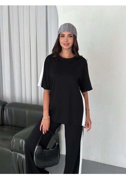 Modal Şeritli Yırtmaç Detaylı Pantolon Tişort Takım modelleri