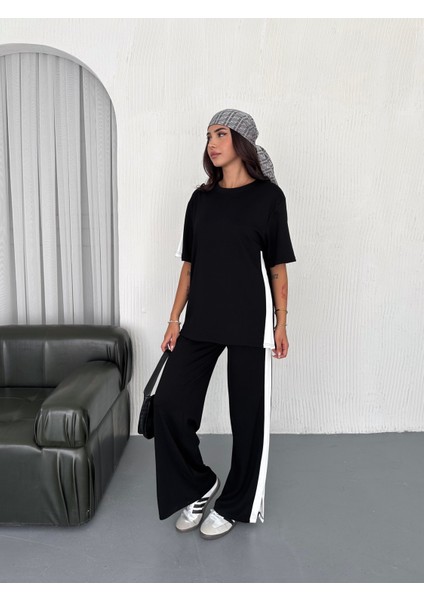 Modal Şeritli Yırtmaç Detaylı Pantolon Tişort Takım indirimleri