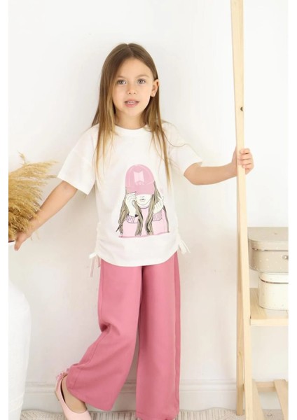 Kız Çocuk Takım Şapkalı Kız Baskılı Tişört ve Bej Bol Paça Pantolon Alt ve Üst Takım 6-13 Yaş