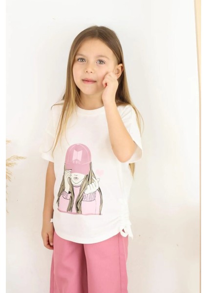 Kız Çocuk Takım Şapkalı Kız Baskılı Tişört ve Bej Bol Paça Pantolon Alt ve Üst Takım 6-13 Yaş fiyatları