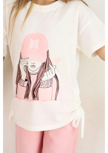 Kız Çocuk Takım Şapkalı Kız Baskılı Tişört ve Bej Bol Paça Pantolon Alt ve Üst Takım 6-13 Yaş