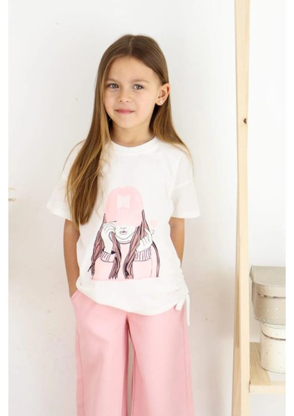 Kız Çocuk Takım Şapkalı Kız Baskılı Tişört ve Bej Bol Paça Pantolon Alt ve Üst Takım 6-13 Yaş fiyatları