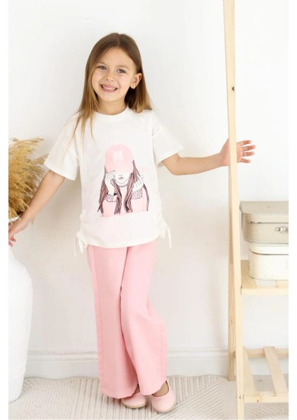 Kız Çocuk Takım Şapkalı Kız Baskılı Tişört ve Bej Bol Paça Pantolon Alt ve Üst Takım 6-13 Yaş modelleri