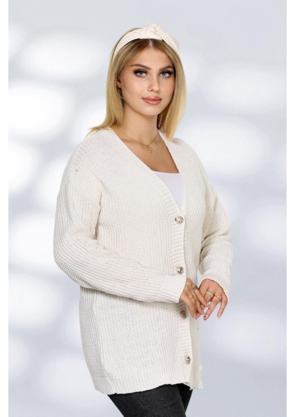 Kadın Düğme Detaylu Uzun Düz Hırka FLT1007