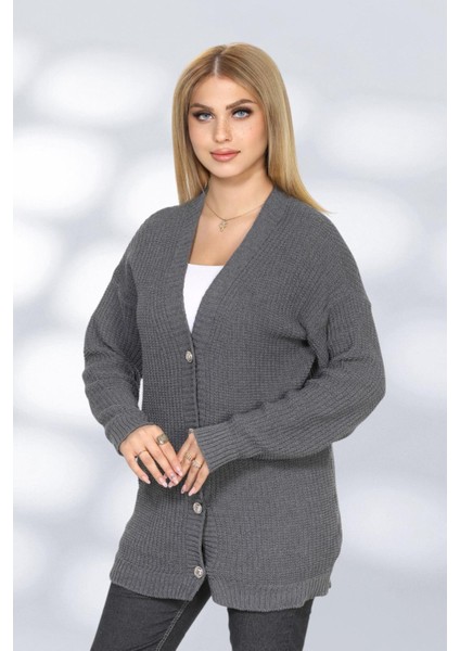 Kadın Düğme Detaylu Uzun Düz Hırka FLT1007