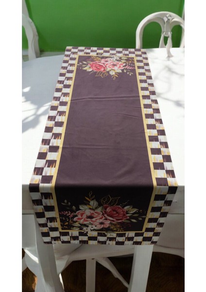 Çiçek Desenli Siyah Runner 36X110 cm