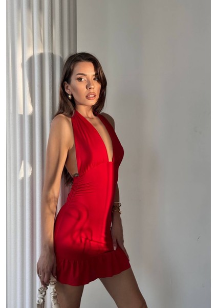 Kadın Eteği Fırfırlı Halter Yaka Mini Elbise NBDF063