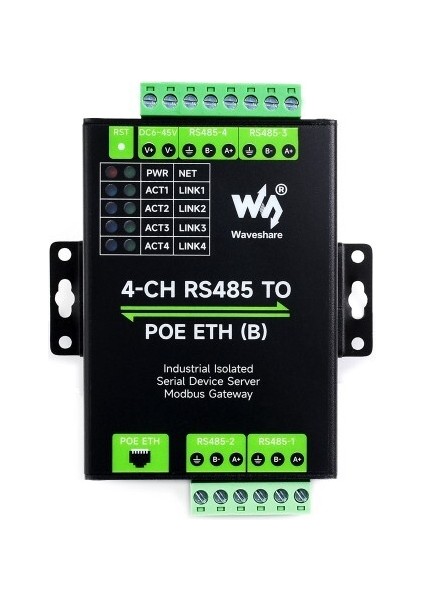 Endüstriyel 4 Kanal RS485 - RJ45 Ethernet Modülü - Poe Ethernet Port (B)