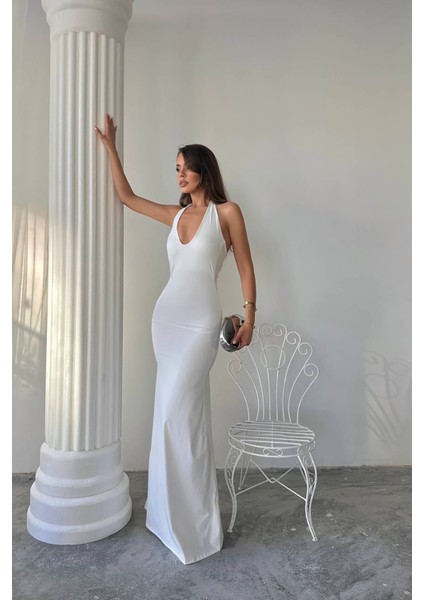 Kadın Halter Yaka Maxi Boy Likralı Elbise NBDF061