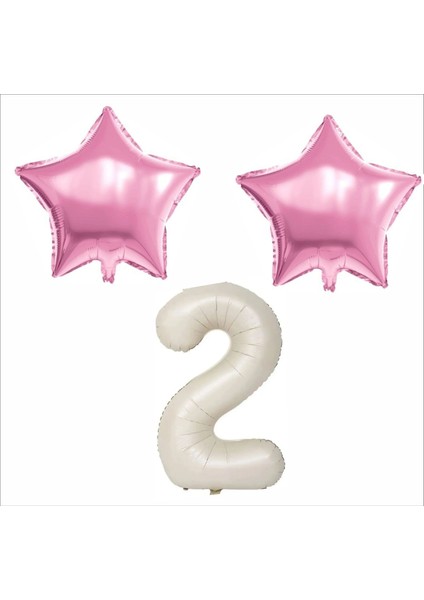 2 Yaş Bej Renk Folyo Balon, 2 Adet Pembe Yıldız Folyo Balon