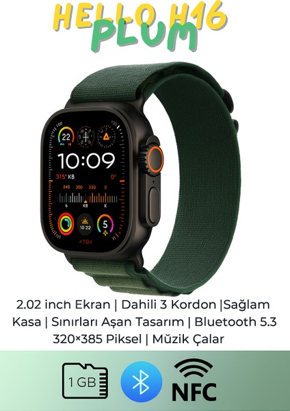 Hello Watch H16 Ultra Akıllı Saat | 1gb Ram | Nfc | Müzik Çalar | 3 Kordon Hediyeli | 2.02” Ekran