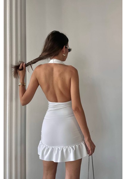 Kadın Eteği Fırfırlı Halter Yaka Mini Elbise NBDF063