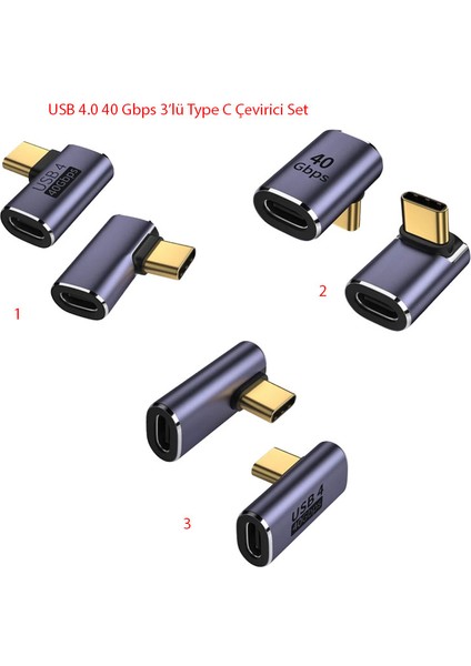 USB 4.0 Type C 90 Derece Adaptör 40GBPS Hızlı Veri Transferi 3'lü Set