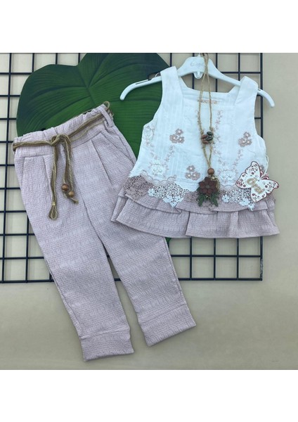 Bayramlık Brode Işlemeli Fırfırlı Kolyeli Alt Üst Ikili Takım