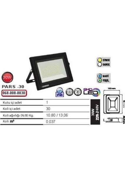 Pars-30 30W 38,5X153X182 Yeşil Ledli Projektör