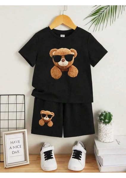 Gözlüklü Ayı Baskılı Şort/t-Shirt Alt-Üst Yazlık Takım